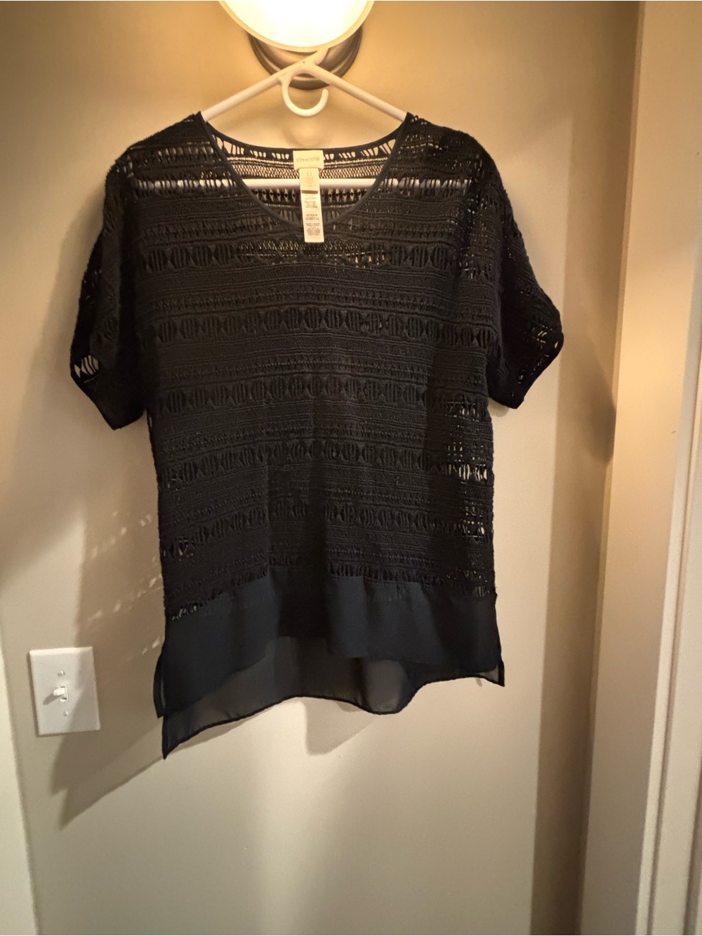 Chico's Black Crochet Short Sleeve Top with Chiffon Hem